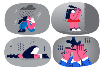 Set of sad girl feel broken cry suffering from bullying 