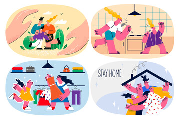 Set of family with kids play relax at home on lockdown 