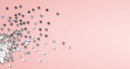 Obraz premium Silver stars confetti on a pink pastel background. Holidays banner with place for text.