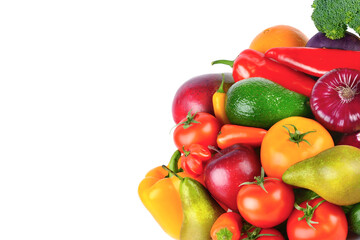 Vegetables and fruits isolated on a white background. Free space for text.