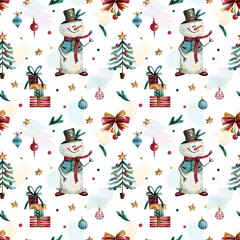 Seamless watercolor pattern with a snowman on a white background. Pattern with a snowman, christmas tree, gifts, christmas decorations