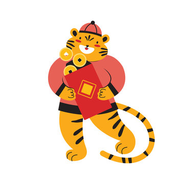 Chinese new year, year of the tiger 2022. Tiger holds a angpao with money. Cartoon character in traditional clothes with red envelopes filled chinese gold coins. Zodiac symbol. Vector illustration.