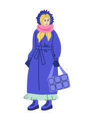 A girl in a winter long coat with a voluminous snood, a large bag and platform shoes. Fashionable winter and autumn clothes. Street style. Illustration in the flat style