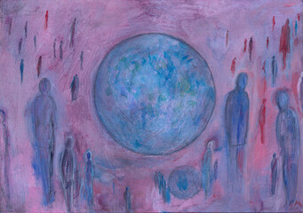 Obraz na płótnie Canvas People and the Earth. Globalism. Globus. Abstract multicolored colorful painting background. Kinds of people silhouettes. Tender light blue lilac pink backdrop. Red and blue. Gouache Acrylic art.
