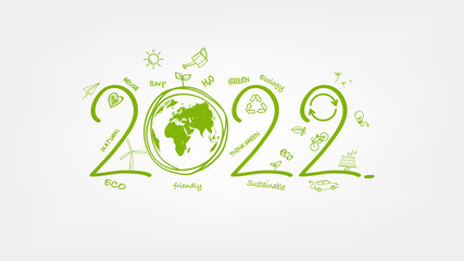 Fototapeta New year 2022 Eco friendly, Sustainability planning concept and World environmental with doodle icons, Vector illustration obraz