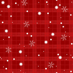 Christmas Red Tartan Plaid Vector Seamless Pattern background with winter snow, snowflakes and stars