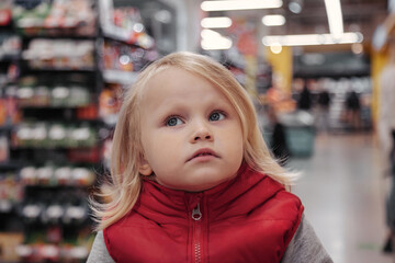 Little girl sitting in shopping cart in store or supermarket and buying