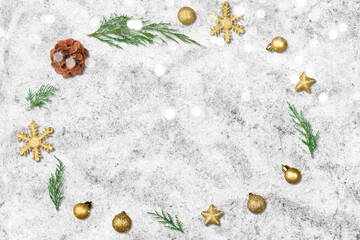 Christmas frame on holiday background. Gold Christmas decorations, New Year border.