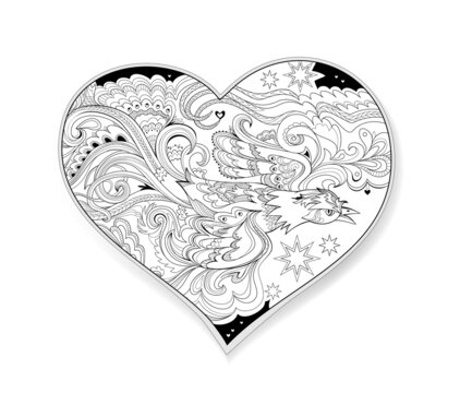 Illustration of fairyland flying firebird in the heart. Print for logo, tattoo, jewelry, decoration, valentine greetings. Coloring book for children and adults. Black and white vector drawing.