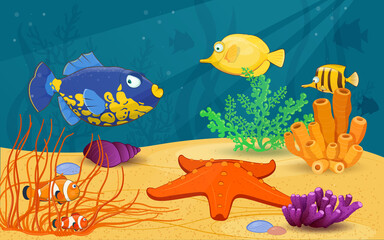 Colored underwater scene with cute tropical fish, starfish and coral reef. Vector illustration