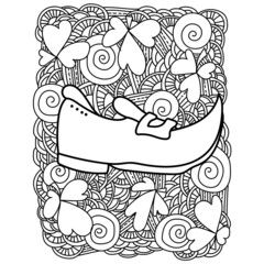 Coloring page with leprechaun's boot for St. Patrick's day, ornate patterns for festive activity
