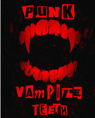Punk Vampire Teeth. Red graphic vector illustration of angry vampire teeth with overgrown canines on black background with punk style typography font. - obrazy, fototapety, plakaty