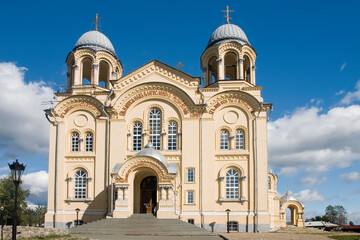 Fototapeta premium View of the Christian Orthodox Church. Holy cross Cathedral in the city of Verkhoturye, Russia.