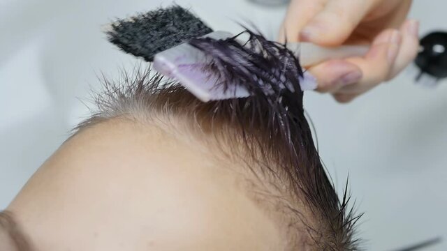 a hair dye master carefully combes a teenager's hair with a purple dye. For a stylish and trendy hairstyle. Lilac shade of hair
