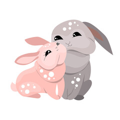 Cute animals rabbits. Festive illustration with two loving rabbits. Funny characters isolated on white background. Cute illustration for children and adults.