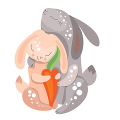 Cute animals rabbits. Festive illustration with two loving rabbits. Funny characters isolated on white background. Cute illustration for children and adults.