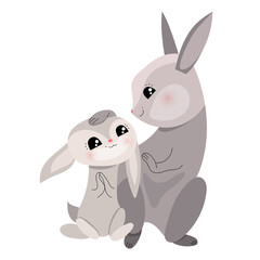 Cute animals rabbits. Festive illustration with two loving rabbits. Funny characters isolated on white background. Cute illustration for children and adults.