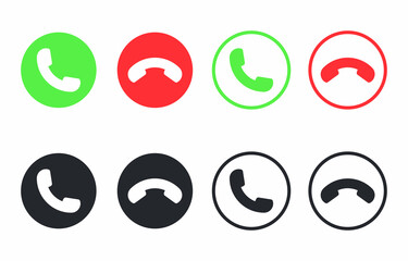 Accept and decline button set. Green and red, monochrome, fill and outline sign. Incoming phone call  symbol. Template design for UI, UX, mobile app. Vector illustration