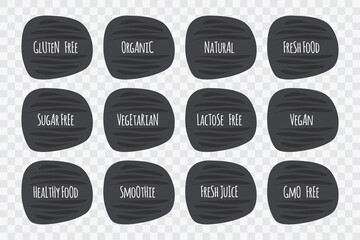 Gluten, Sugar, Lactose, gmo free, Organic, Vegan, Vegetarian, Natural, Healthy, Smoothie, Fresh juice icon set. Vector sign isolated. Illustration symbol for food, product sticker, label, diet
