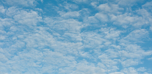 Obraz premium The image with a texture of light, fluffy clouds on the background of a blue sky.
