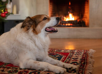Dog relaxing, burning fireplace background. Winter house warm and cozy living room interior.