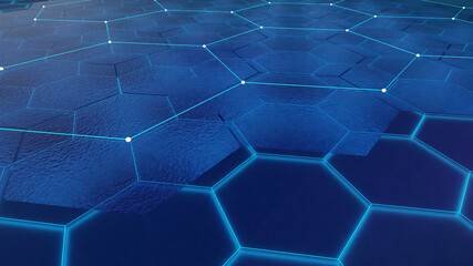 Blue Graphene forming on hexagon blue wafer grid (3D Rendering)
