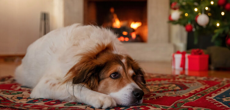 Dog and Christmas tree, burning fireplace and decoration in home living room interior background