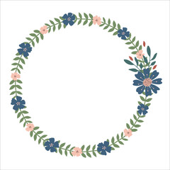 Wreath made from ornaments in blue and green colors. Design for invitation, wedding or greeting cards.