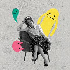 Sad offended young girl and cute drawn cartoon little man-blot on gray background. Contemporary...