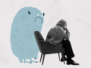 Offended sad elderly man sitting on armchair and cute drawn cartoon little man-blot on pastel...