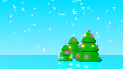 3d christmas tree with colorful new year lights,snow flakes falling with a winter blue background