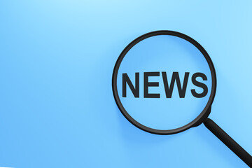 Magnifying glass with the inscription NEWS on a blue background.