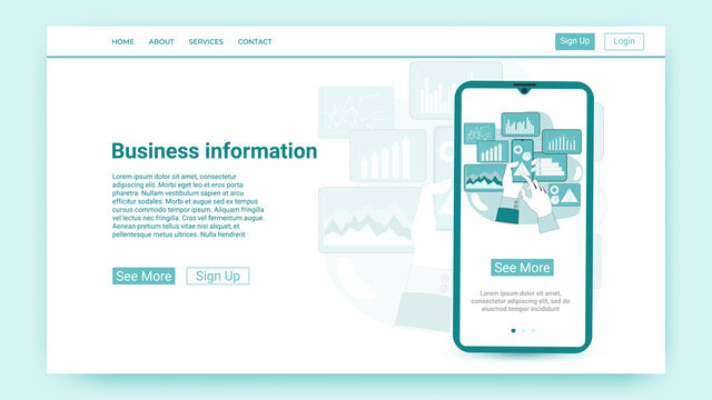 Business Information.The concept of data collection and analysis for doing business.Businessman's hand on the background of graphs and charts.Website and mobile application template.