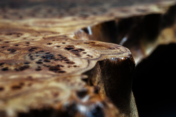 Extreme close-up, wood texture, wooden countertop slab, saw cut wood on black. Isolate. 