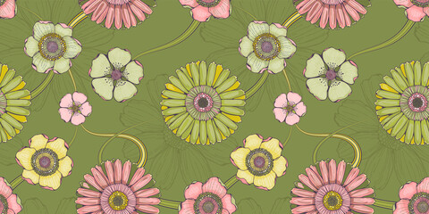 Fototapeta premium Floral green seamless pattern with gerberas and magnolias