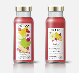 Fruit and berries mix. Apple, raspberry, pear detox. Beautiful transparency whole and cut fruits. Bottle template with face and back labels.