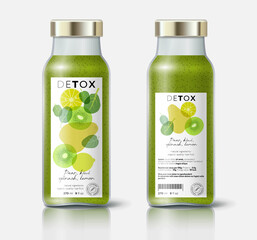 Herb, fruit and berries detox mix. Pear, kiwi, lemon, spinach, mix. Beautiful transparency whole and cut fruits. Bottle template with face and back labels.