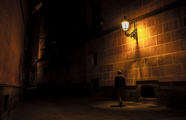 Rear view of adult man walking on street with light of street lamp at night. Shot in Madrid, Spain