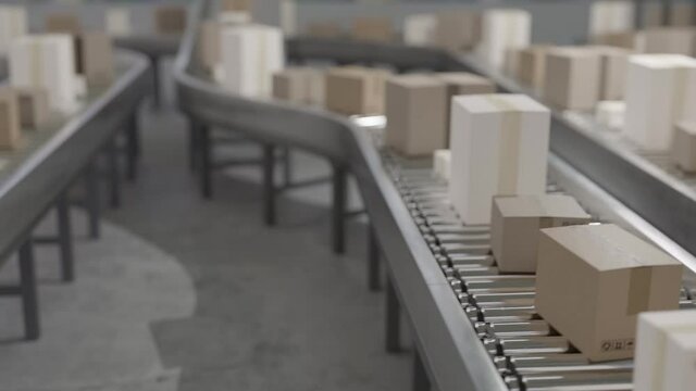 Conveyor with many cardboard boxes. Package delivery concept. 3D rendered animation.