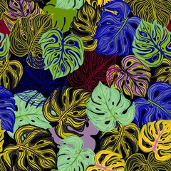 Vivid monstera leaves seamless pattern. Vibrant tropical background. Neon foliage backdrop
