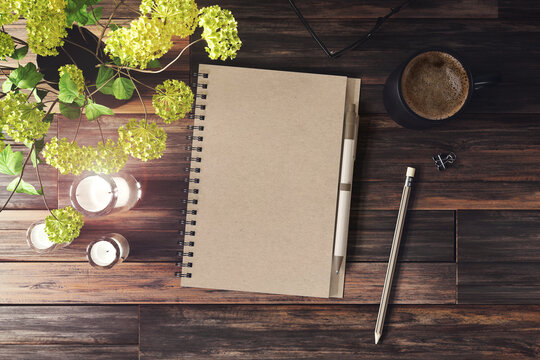 Kraft Paper Spiral Notebook With Pen Mockup. 3D Rendering