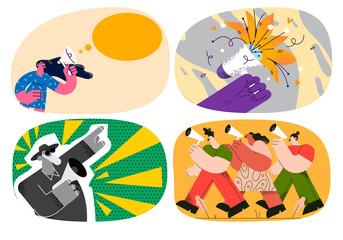 Set of people activist with loudspeakers on demonstration 