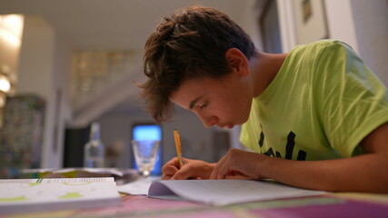 Young boy doing homework after school. Kid preparing for exam