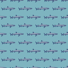 Fototapeta premium Reef shark seamless pattern in scandinavian style. Marine animals background. Vector illustration for children funny textile.