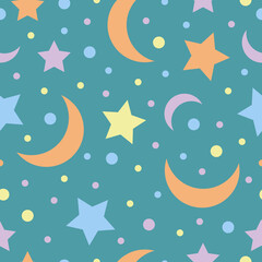 Pattern. Bright children s seamless pattern with the image of multi-colored moon and stars. Night pattern with a crescent moon and stars, for print and gift wrapping. Vector