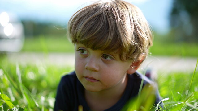 Little boy on grass portrait outside, cute little child
