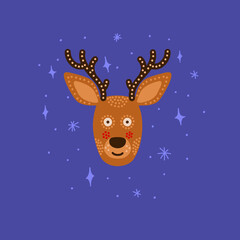 Head with expression of emotions of a funny deer with antlers in cartoon style isolated on a colored background.