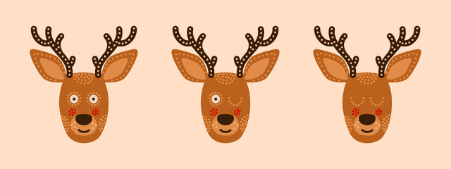 Head with expression of emotions of a funny deer with antlers in cartoon style isolated on a colored background.