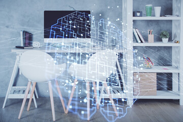 Multi exposure of brain drawing and office interior background. Concept of data technology.