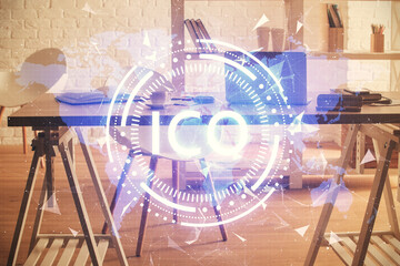 Double exposure of crypto technology theme drawing and office interior background. Concept of blockchain.